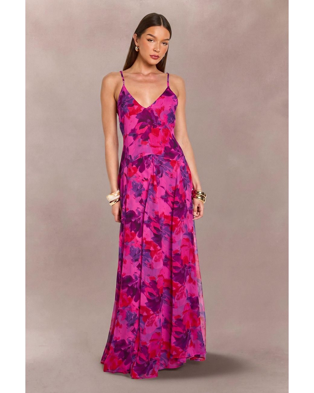 Boohoo Pink Strappy Cami Floor Sweeping Floral Maxi Dress