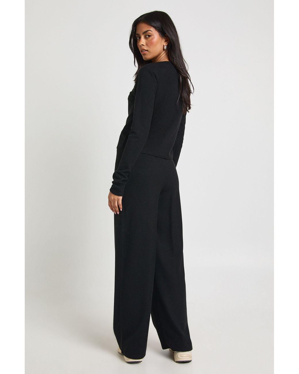 Boohoo Blue Petite Rib Button Through Long Sleeve Top And Wide Leg Trouser Co-Ord