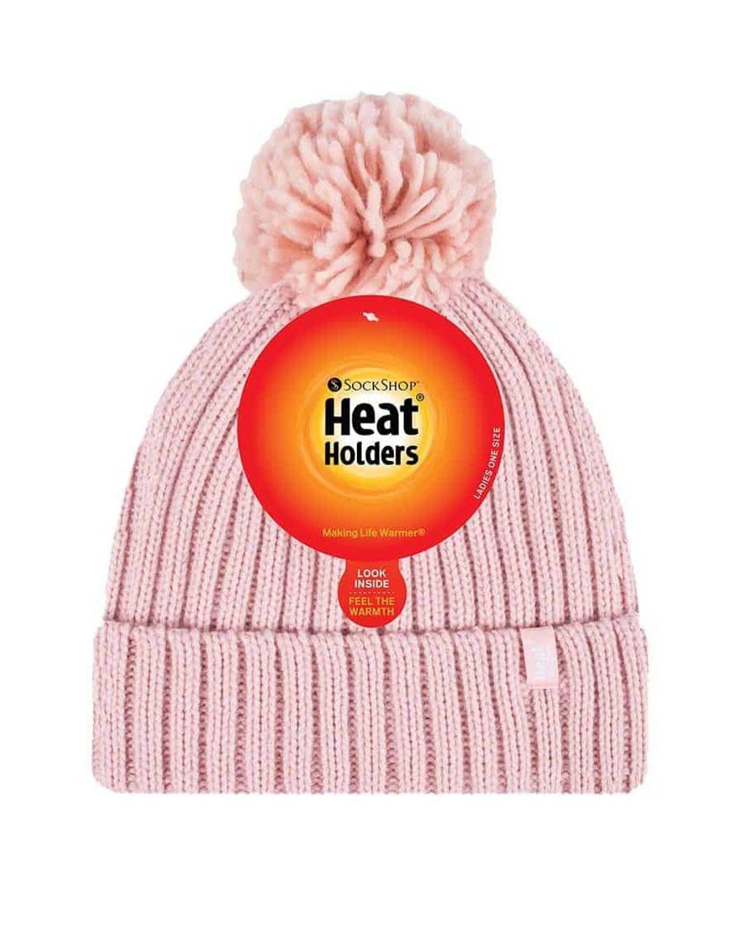 Heat Holders Pink Ladies Ribbed Cuffed Thermal Insulated Winter Pom Pom Bobble Hat