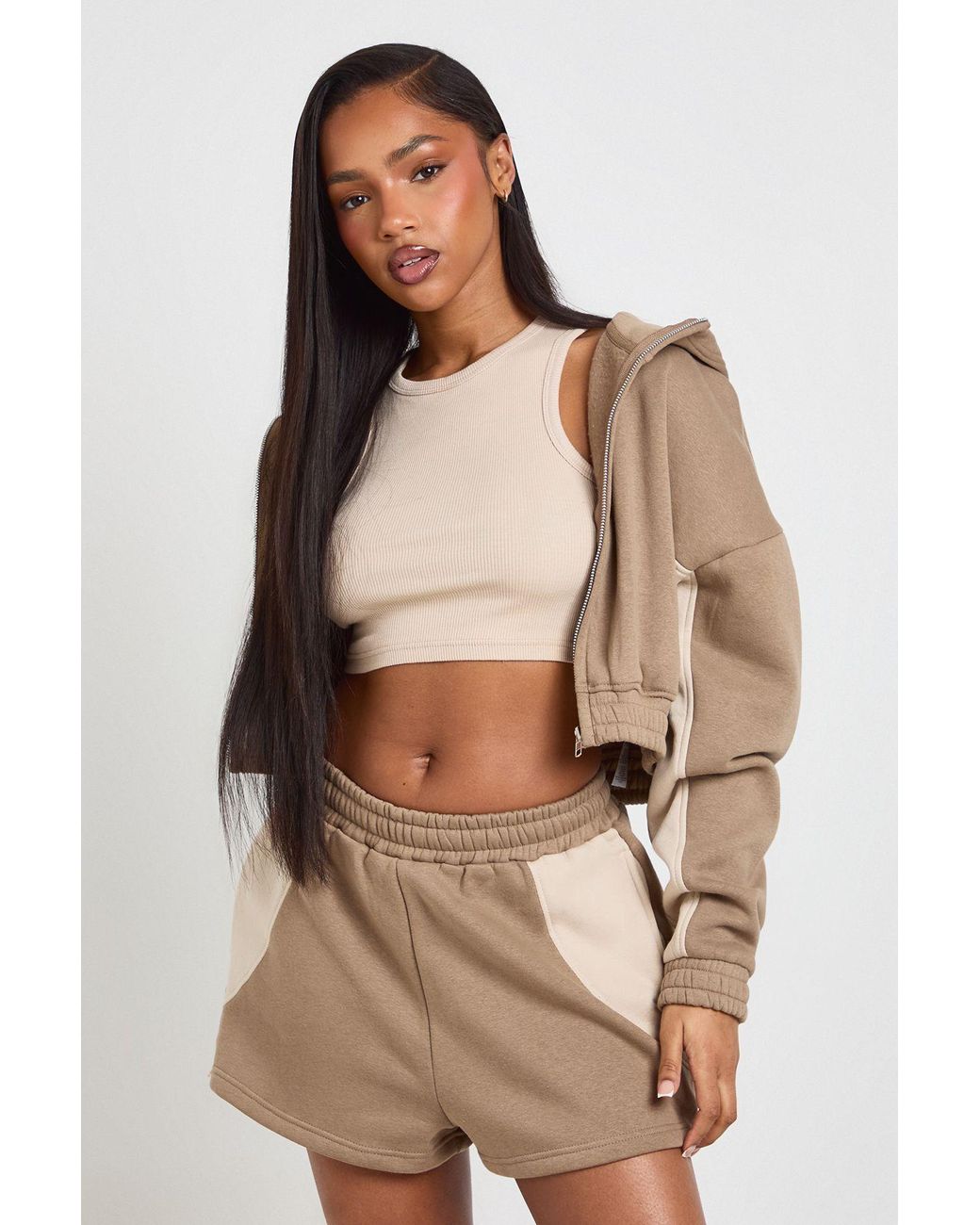 Boohoo Natural Contrast Panel Zip Through Hooded Short Tracksuit