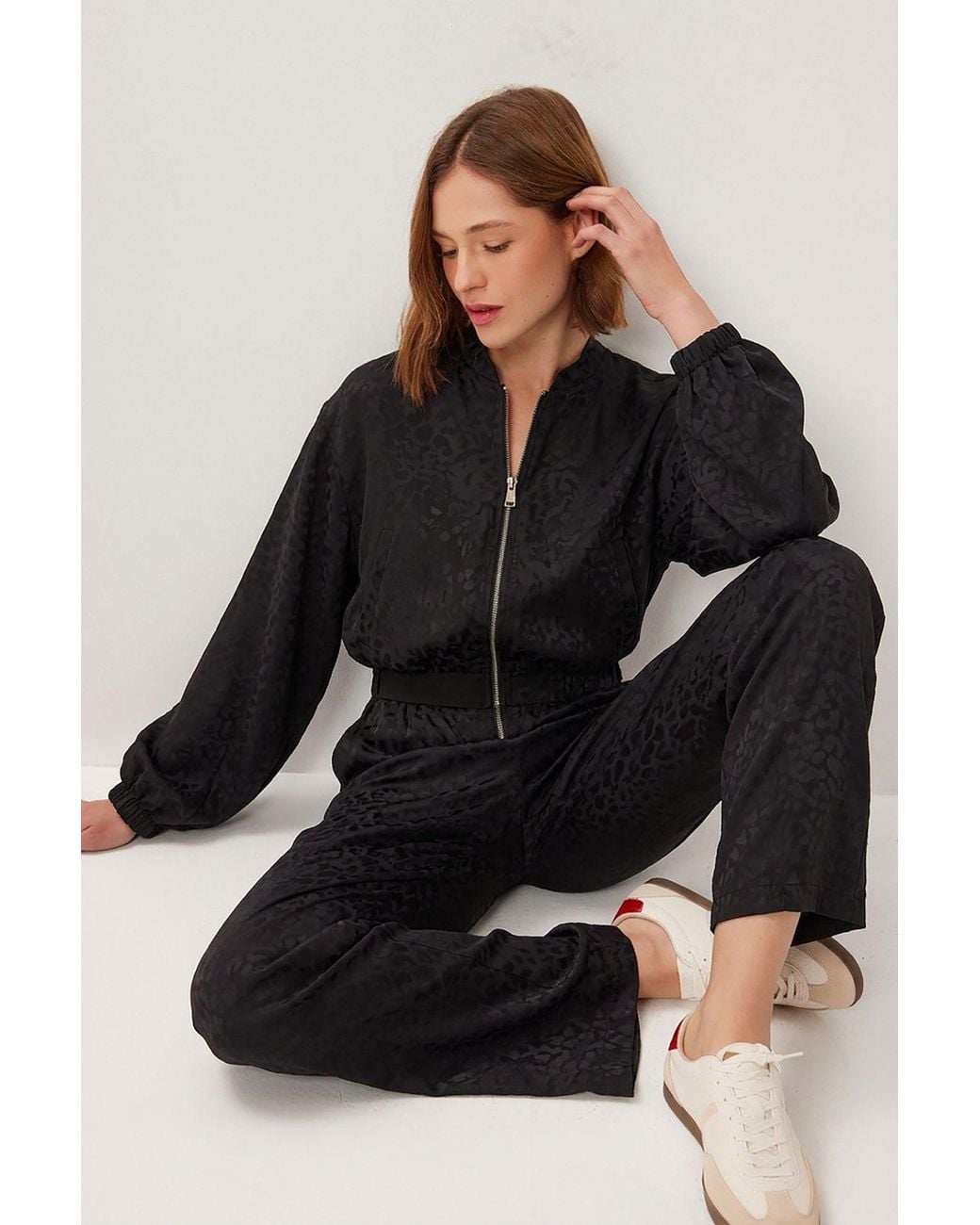 Happiness İstanbul Black Leopard Print High Waist Bomber Collar Co-Ord Set