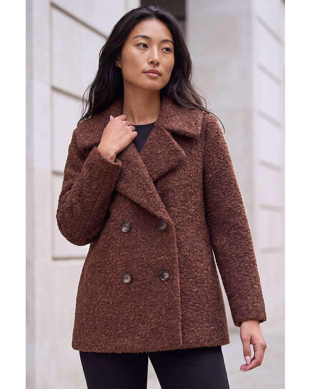 Roman Brown Petite Double Breasted Boucle Coat