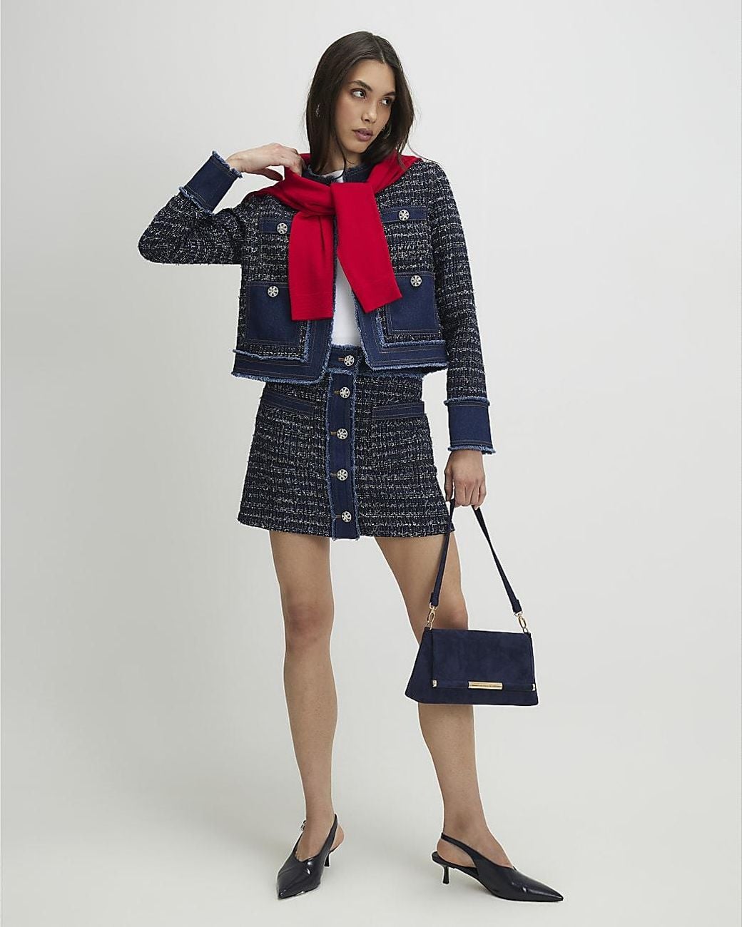 River Island Blue A-Line Mini Skirt Boucle Fabric Button Denim