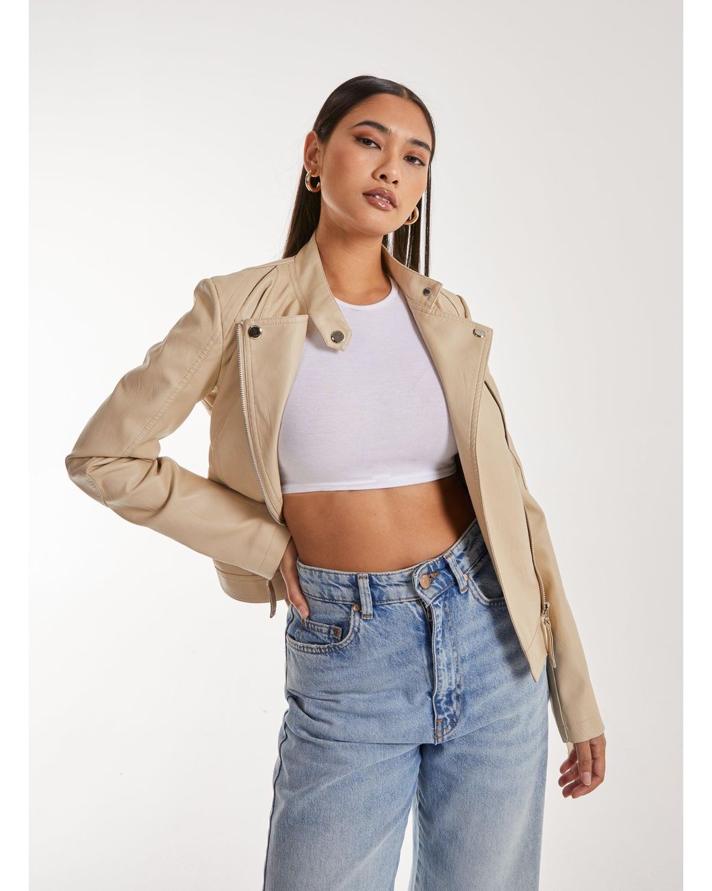 Pink Vanilla Blue Faux Pu Leather Biker Jacket