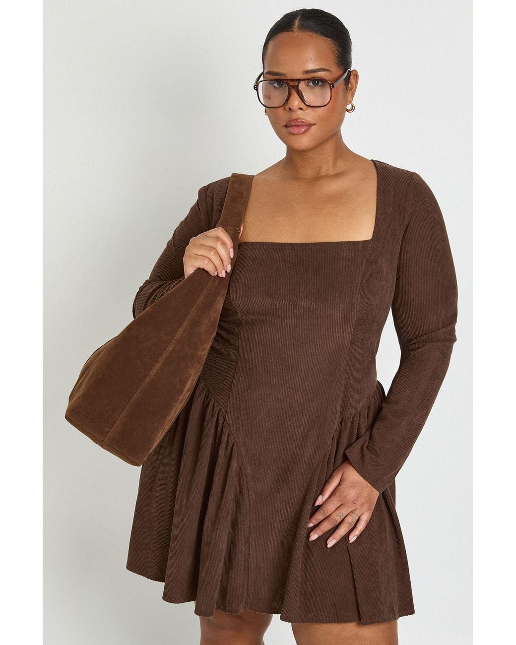 Boohoo Brown Plus Cord Milkmaid Skater Dress