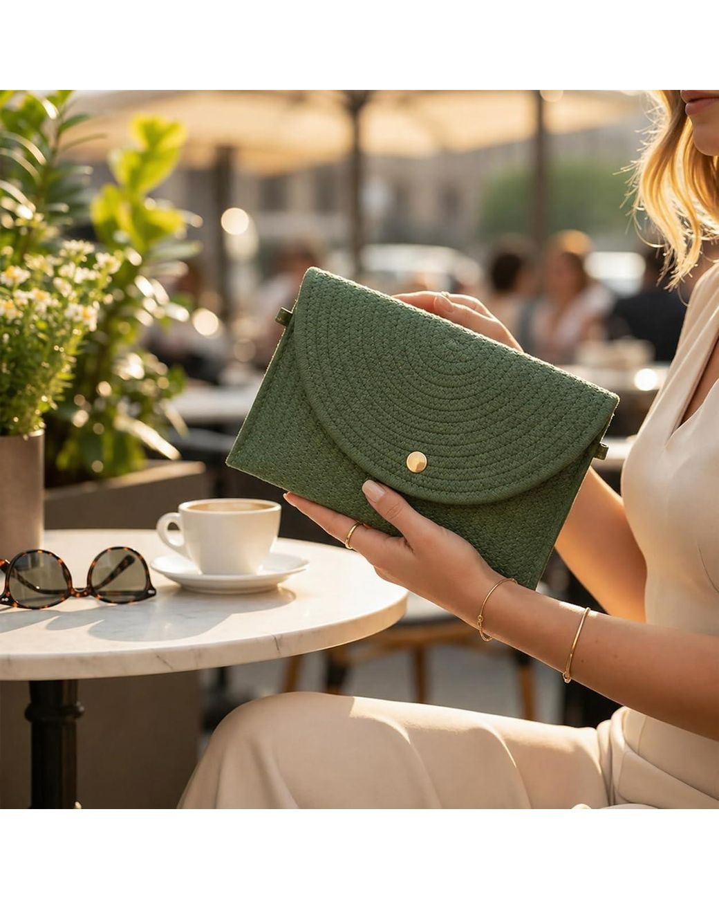 Woodland Leathers Green Ladies Minimalist Envelope Crossbody Bag, Woven Straw Clutch