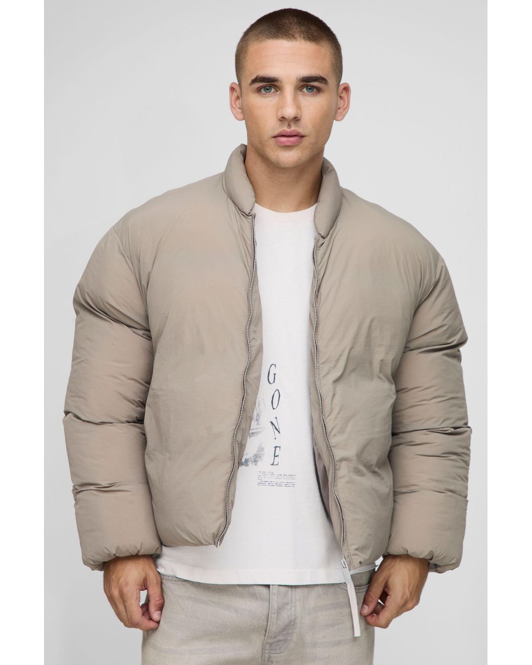 BoohooMAN Brown Boxy Fit Mono Padded Bomber Neck Puffer Jacket for men