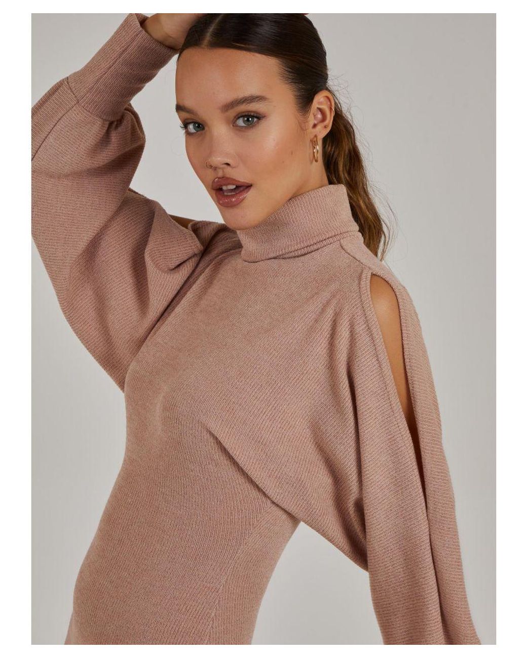 Pink Vanilla Multicolor Cold Shoulder High Neck Brushed Ribbed Dress