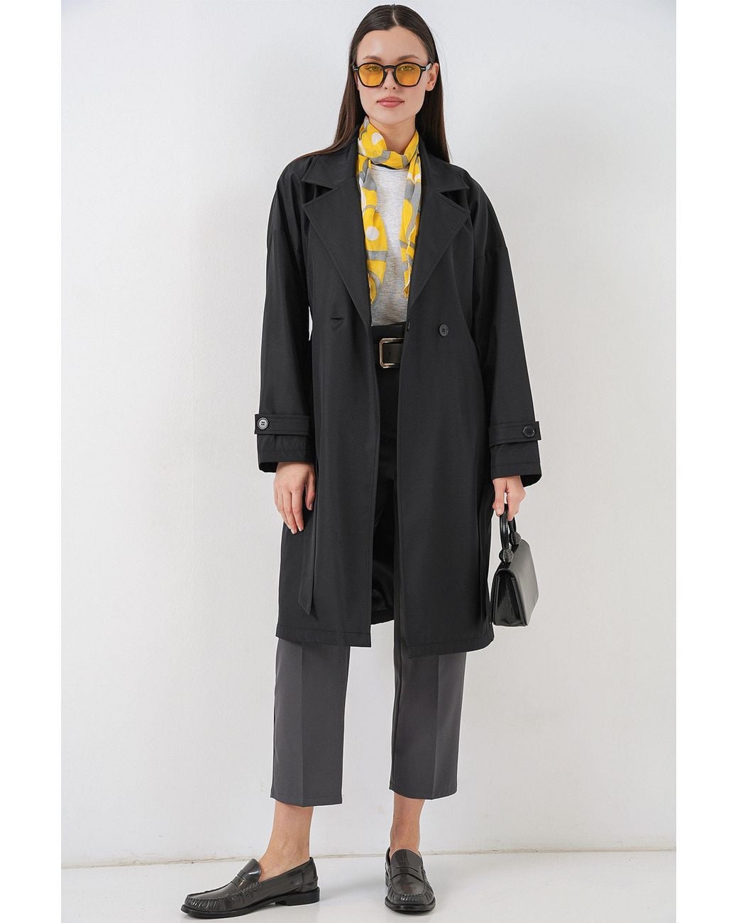 Bigdart Black Belted Long Trench Coat With Jacket Collar