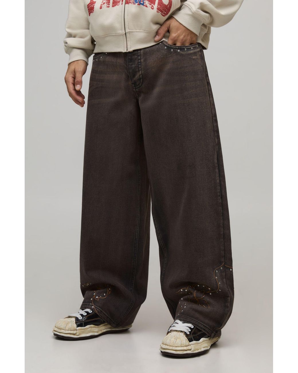 BoohooMAN Black Baggy Fit Studded Western Embroidered Hem Jeans for men
