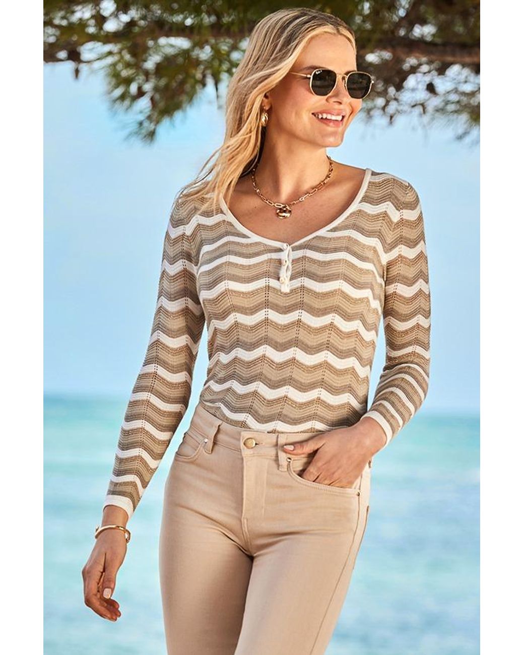 Sosandar Blue Natural Chevron Metallic Thread Knitted Top