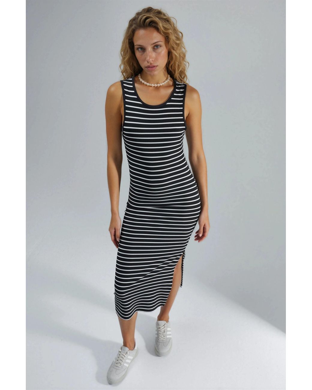 Hiccup Blue Striped Crew Neck Bodycon Midi Dress