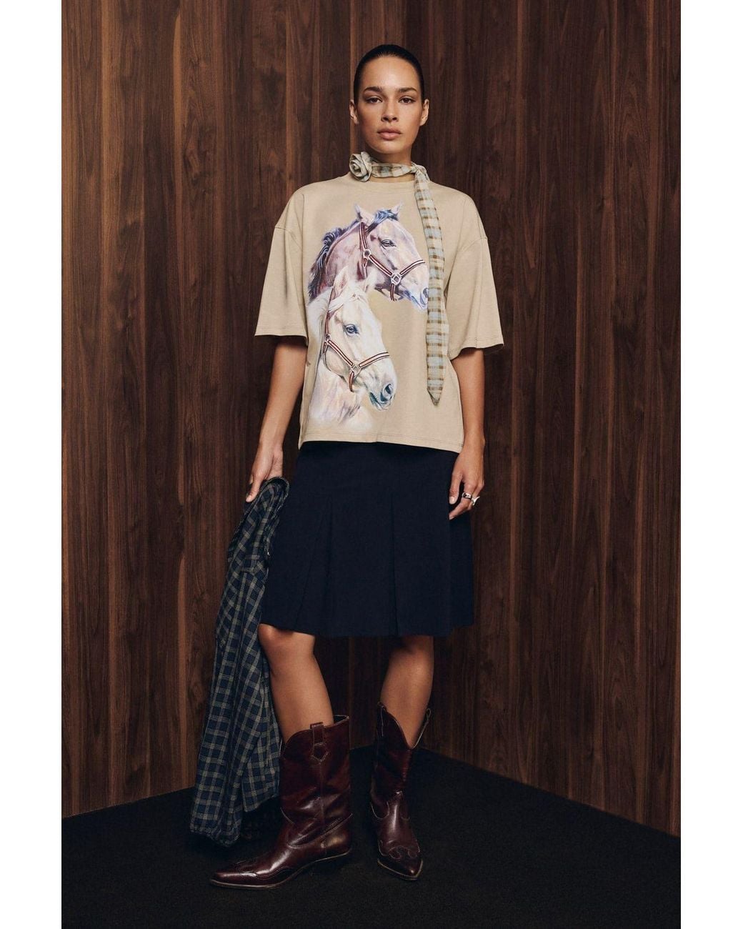 Grimelange Brown Printed Crew Neck T-Shirt