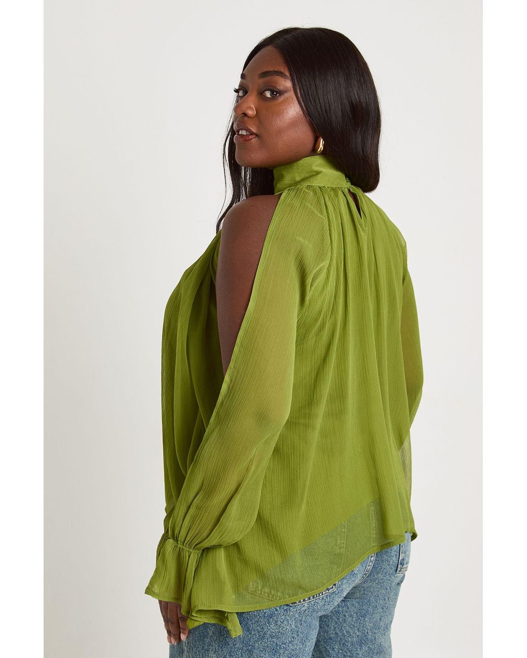 Boohoo Green Plus Chiffon Halterneck Long Sleeve Draped Blouse