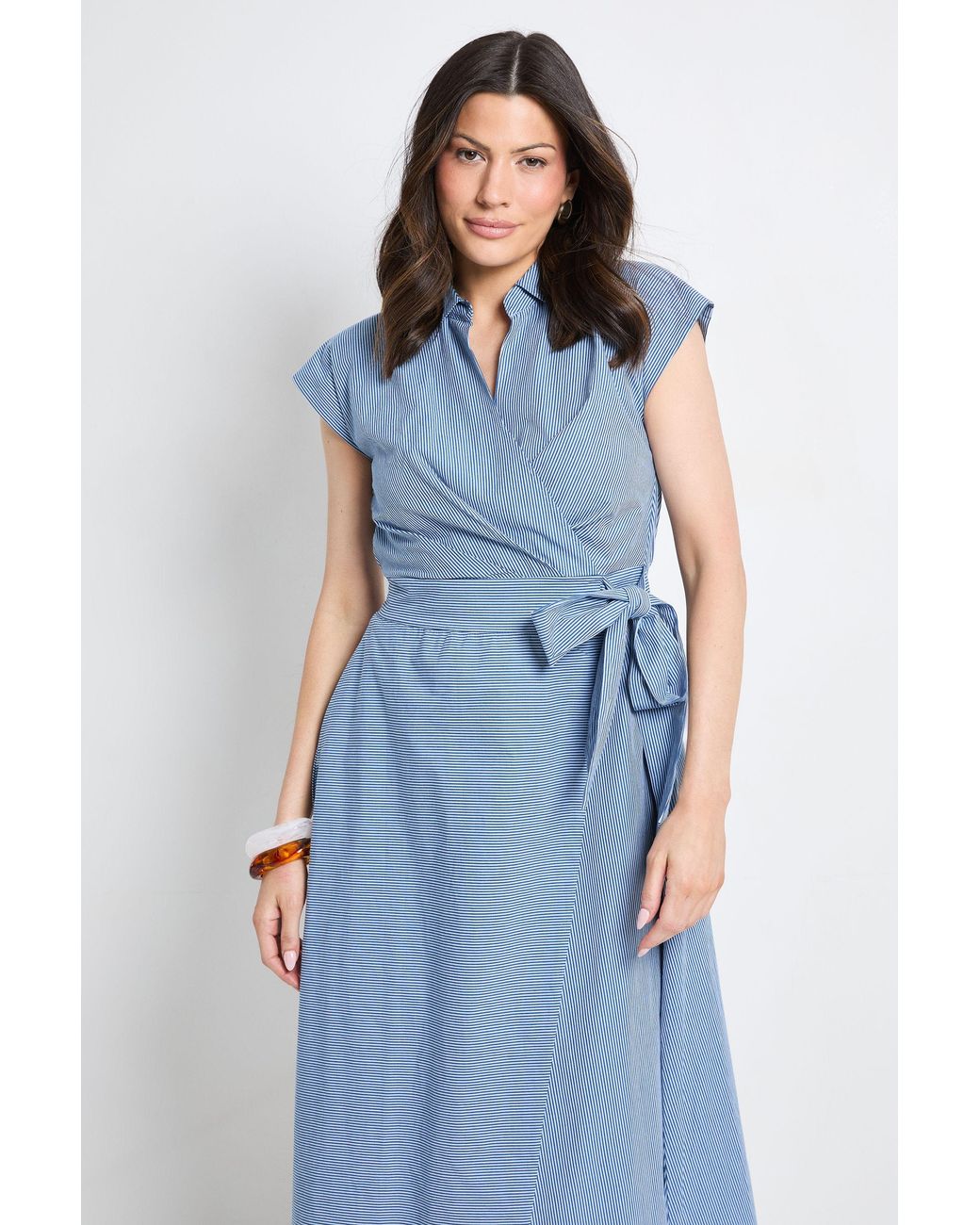 PRINCIPLES Blue Stripe Wrap Collared Shirt Dress