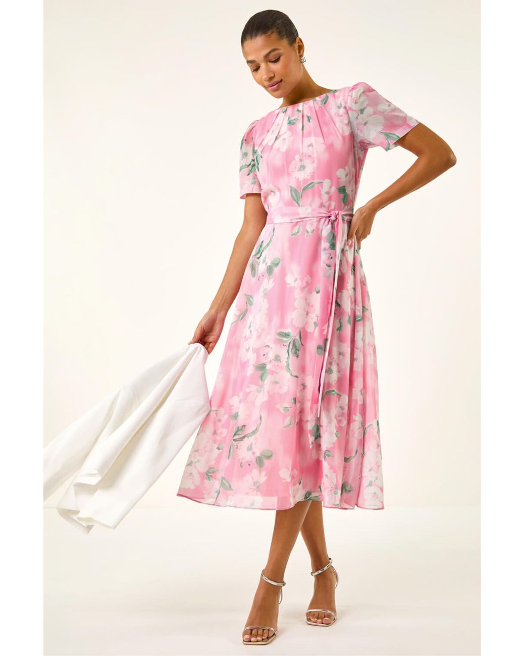 Roman Pink Floral Print Pleat Neck Midi Dress