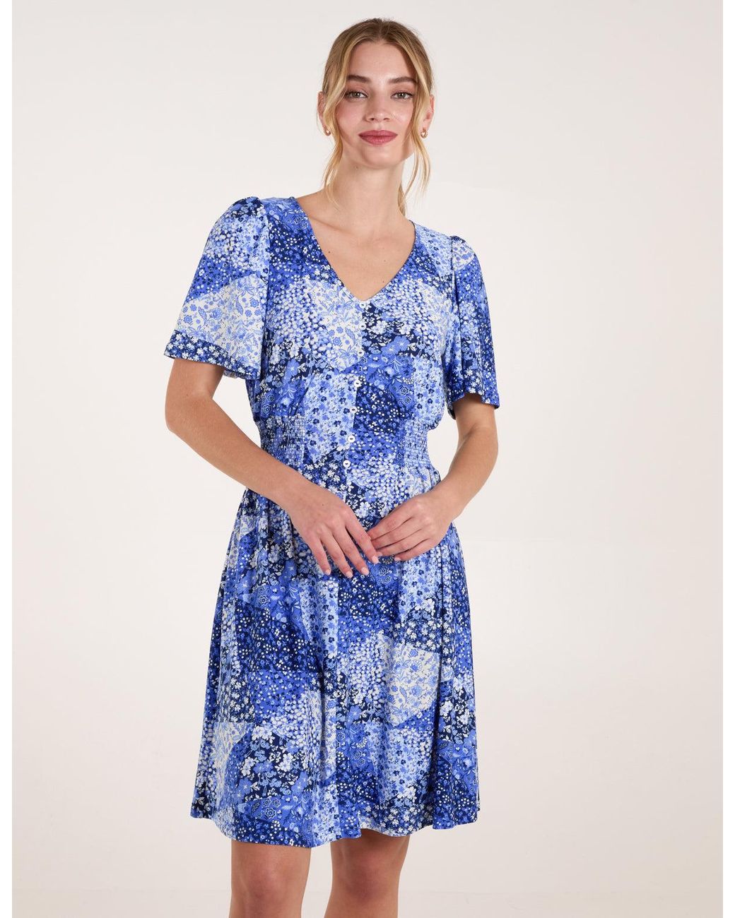 Blue Vanilla Blue Shirred Waist Button Front Patchwork Mini Dress
