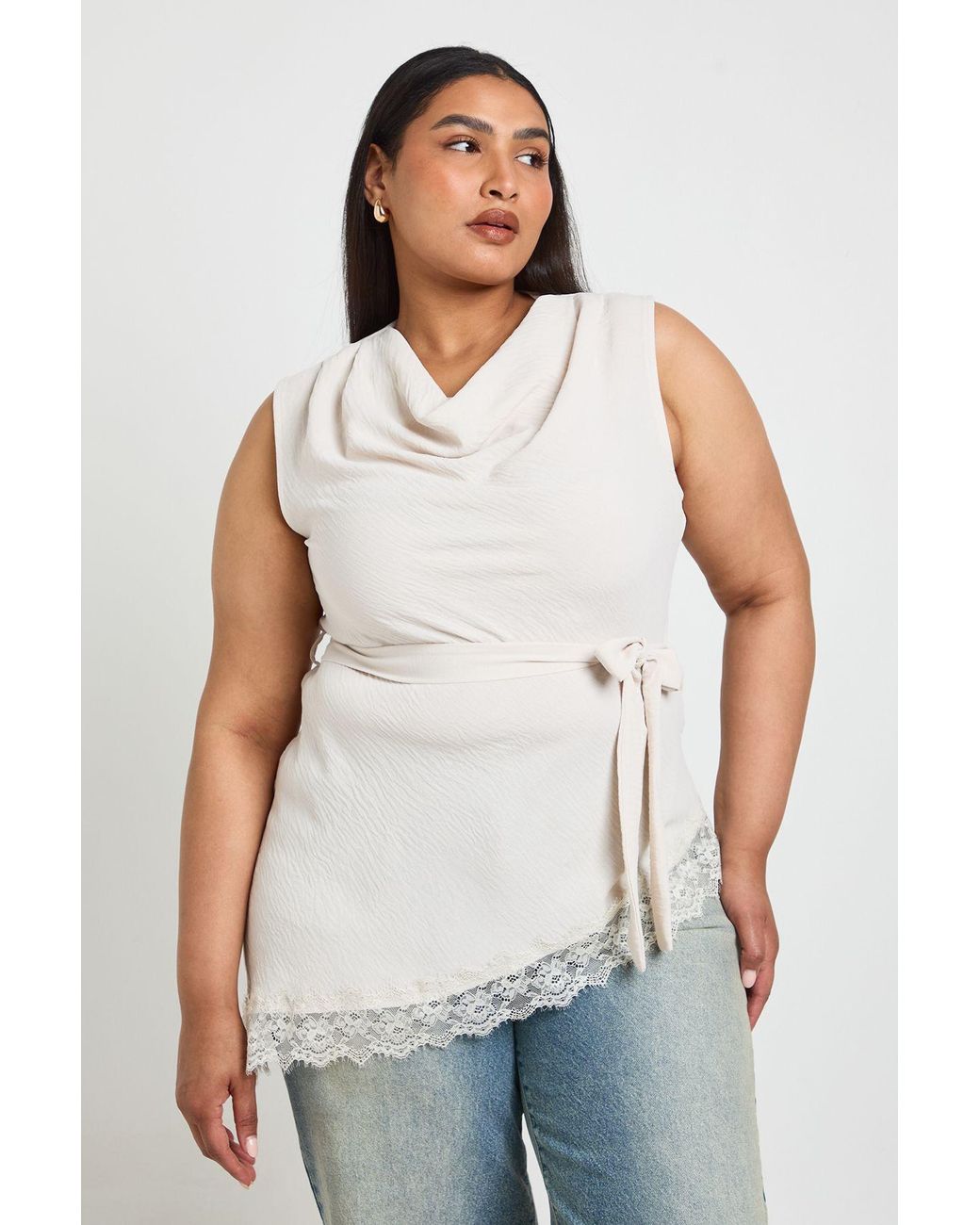 Boohoo White Plus Cowl Neck Tie Waist Lace Hem Asymmetric Top