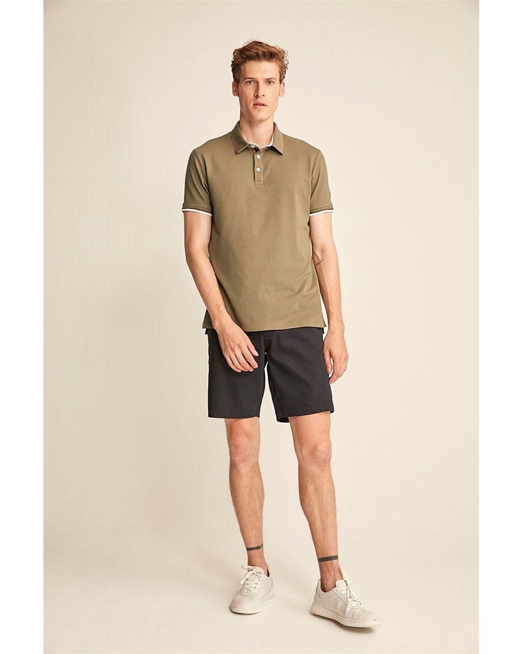 Grimelange Natural Polo Collar Button T-Shirt for men