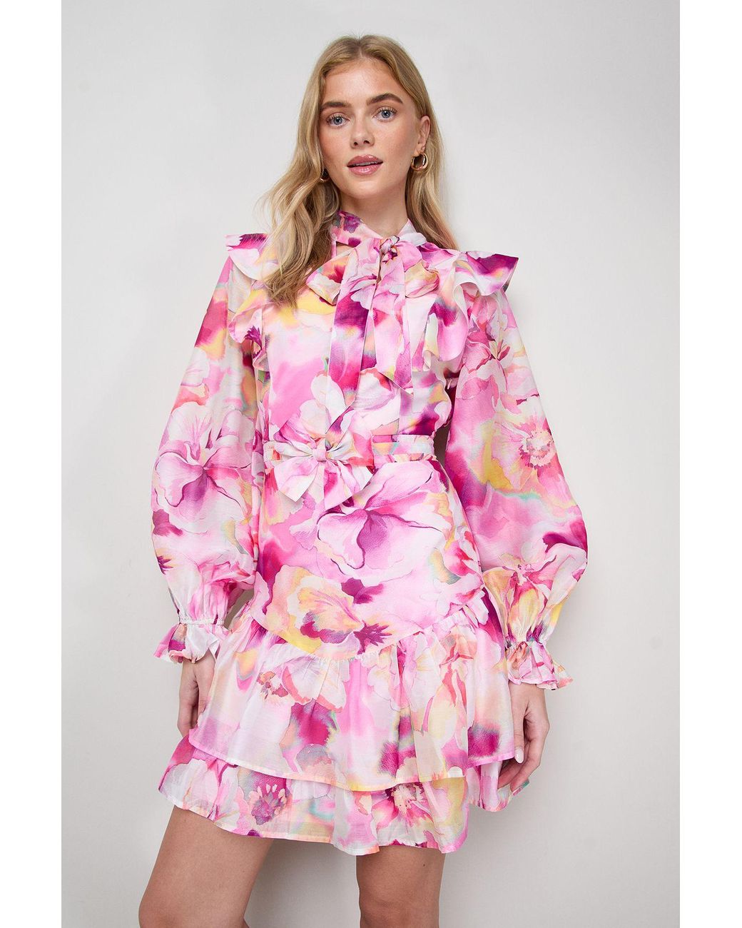 Oasis Pink Tie Neck Ruffle Fit And Flare Mini Dress