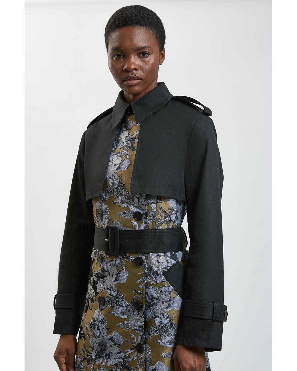 Karen Millen Black Jacquard Mix Trench Coat