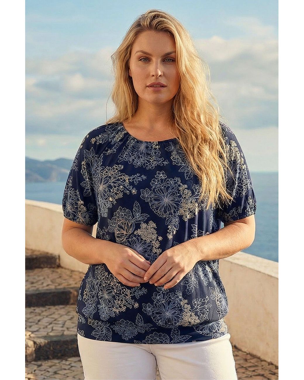 Roman Blue Curve Floral Bardot Top