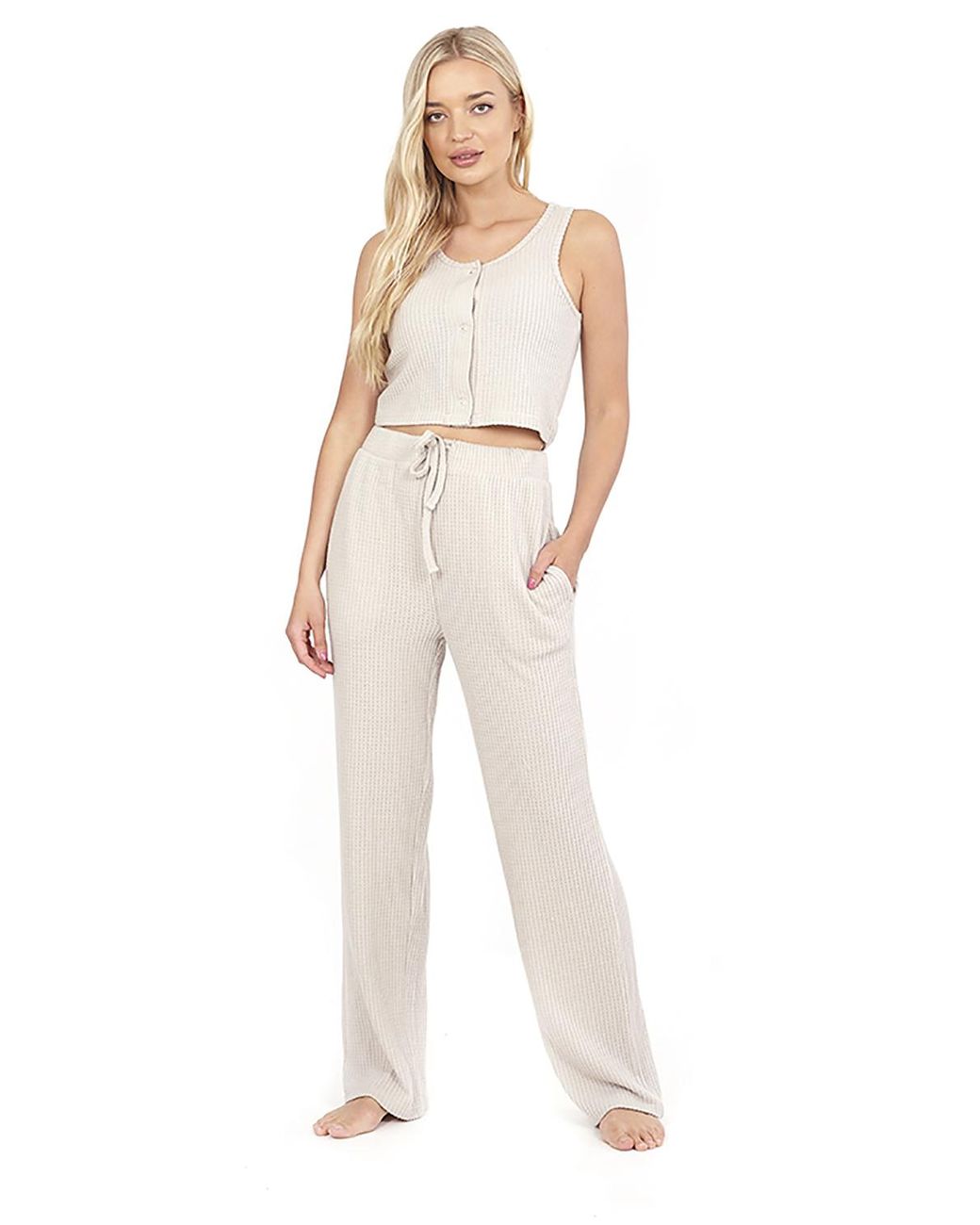 Brave Soul White Cropped Vest & Wide Leg Waffle Lounge Set Polyester/Viscose