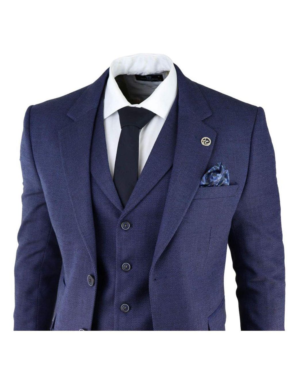 TruClothing Blue 3 Piece Tweed Herringbone Suit Peaky Blinders Classic Tailored Canvas for men