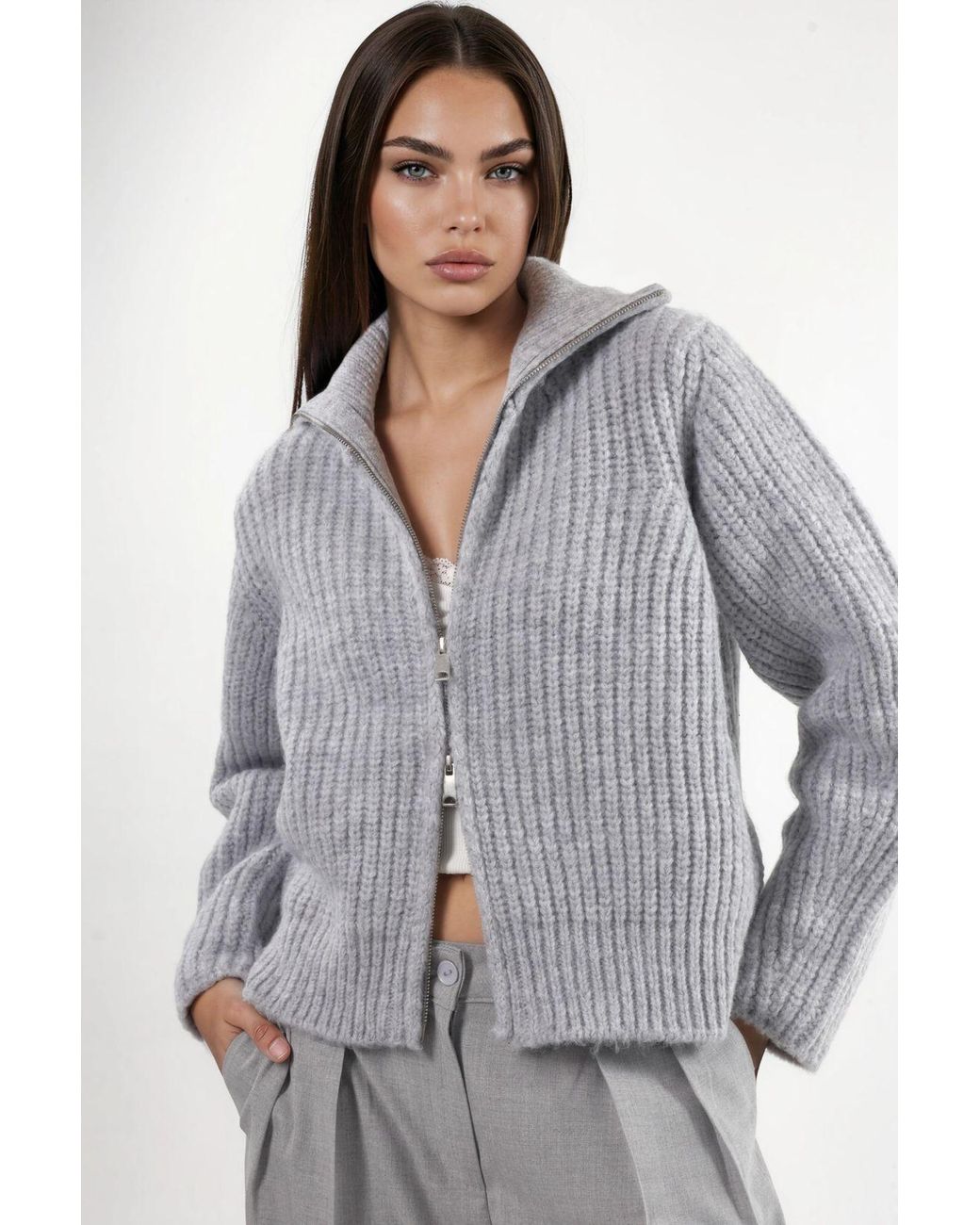 Hiccup Gray Thick Textured Turtleneck Zip-Up Cardigan