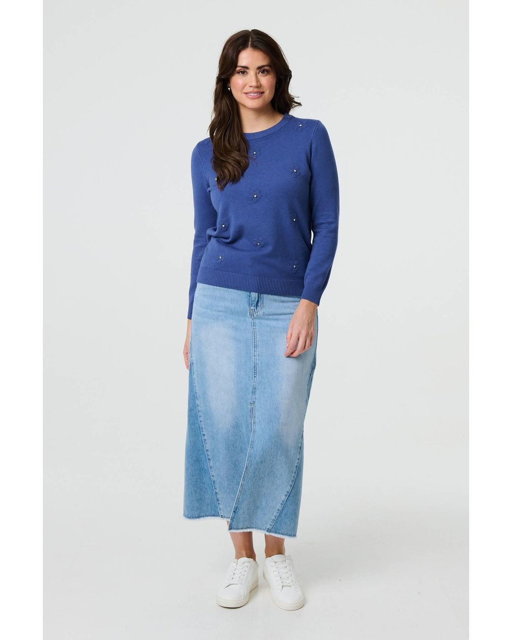 Izabel London Blue Floral Gemstone Embellished Jumper