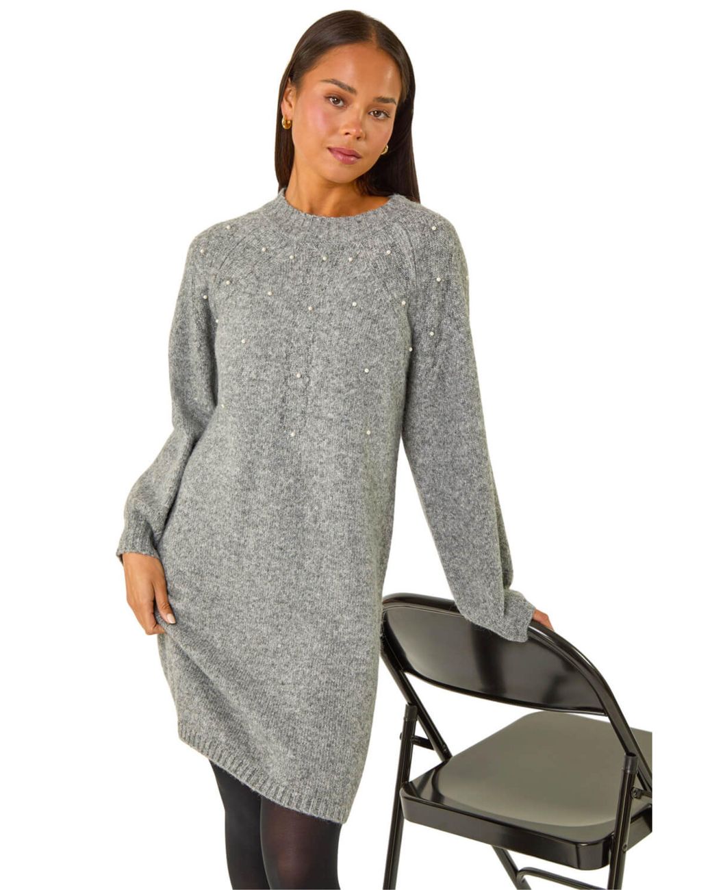 Roman Gray Petite Embellished Faux Pearl Knit Dress