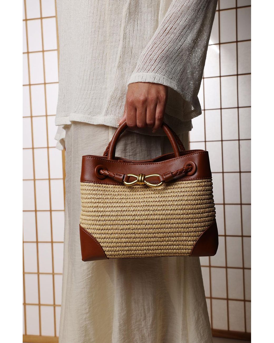 Where's That From Brown Luna Woven Faux Leather Tote Bag With Detail