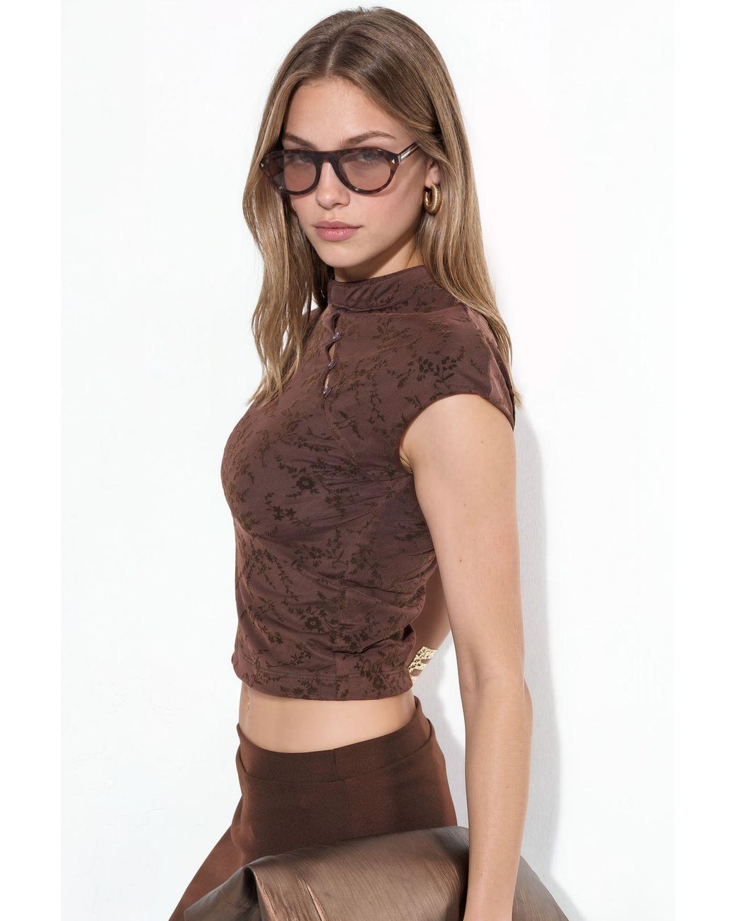 Busem Brown Printed Sleeveless Top With Mandarin Collar