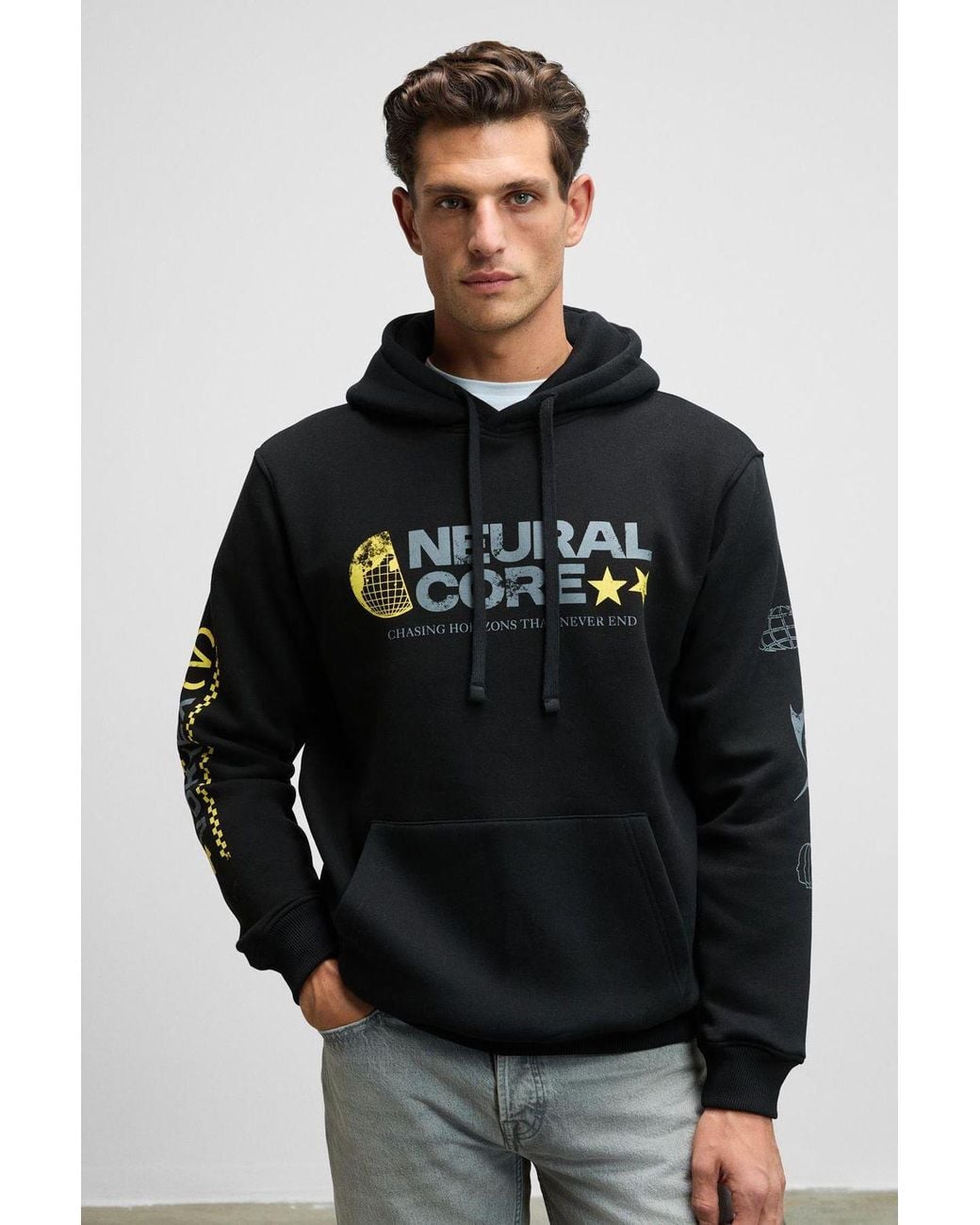 Grimelange Black Printed Hooded Drawstring Sweatshirt for men