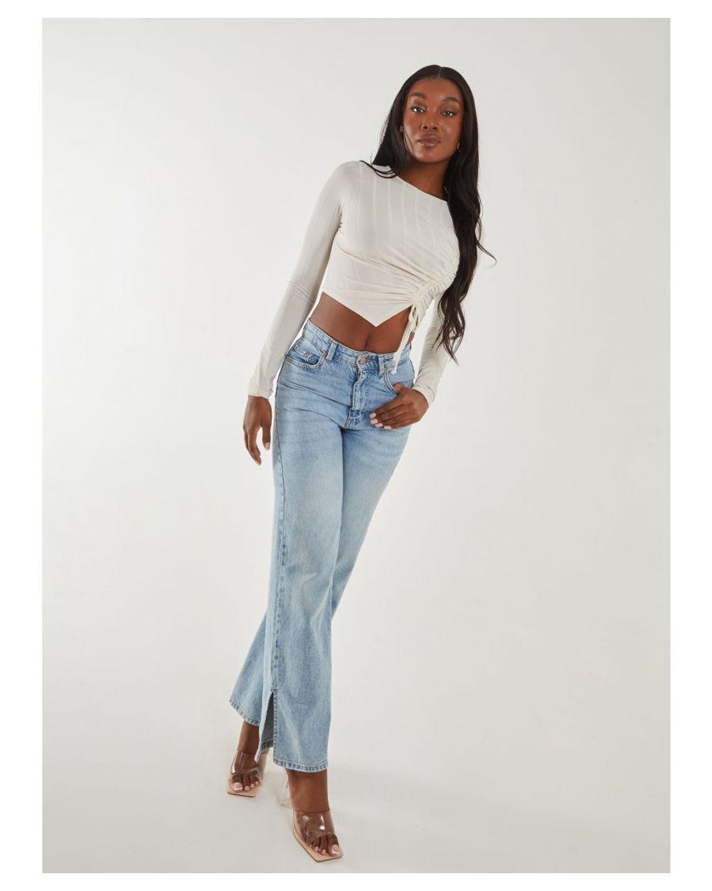 Pink Vanilla Blue Long Sleeve Ruched Asymmetric Top