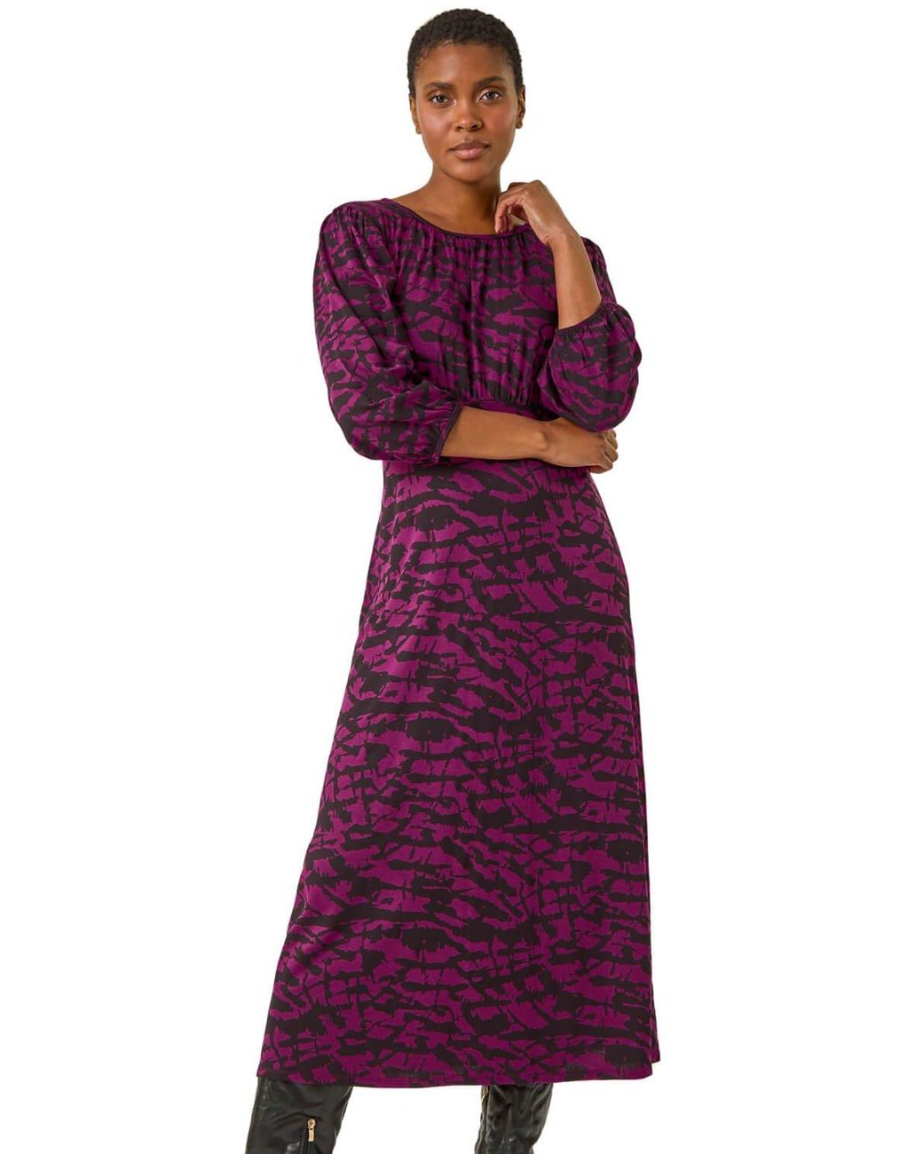Roman Purple Abstract Print Gathered Stretch Midi Dress