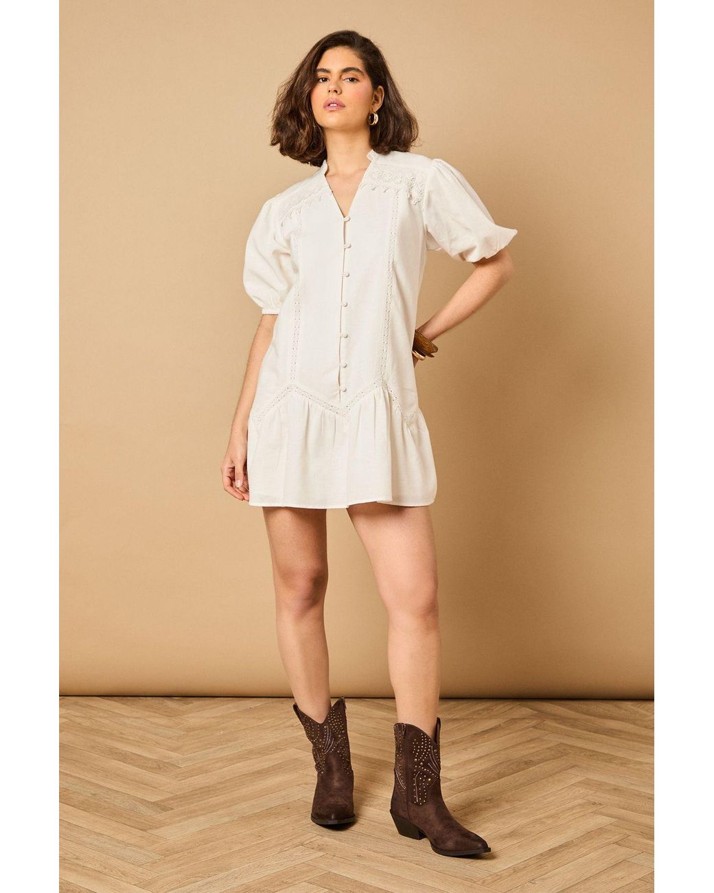 Oasis Natural Lace Trim Mini Dress