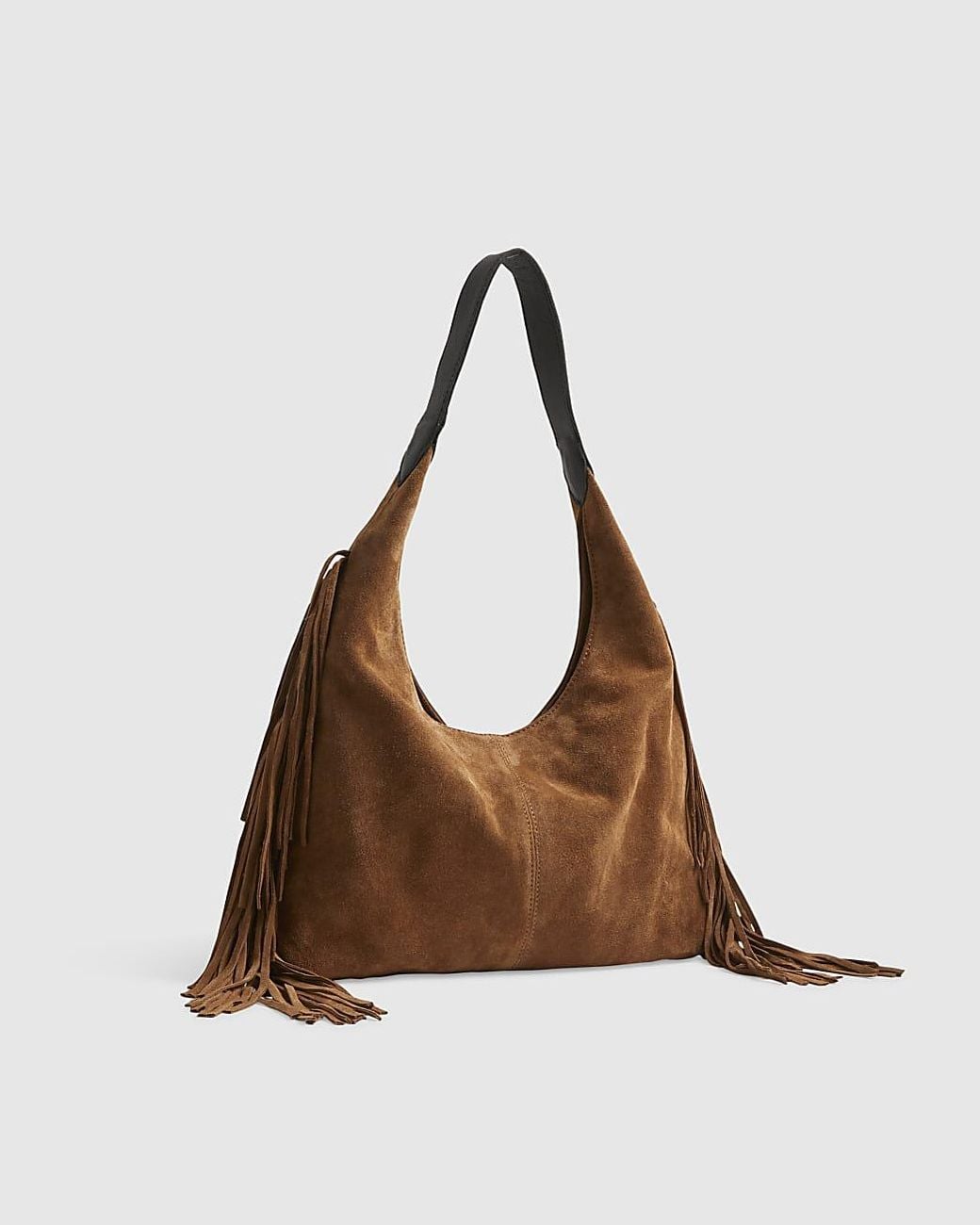 River Island Brown Slouch Shoulder Bag Suede Fringed Leather