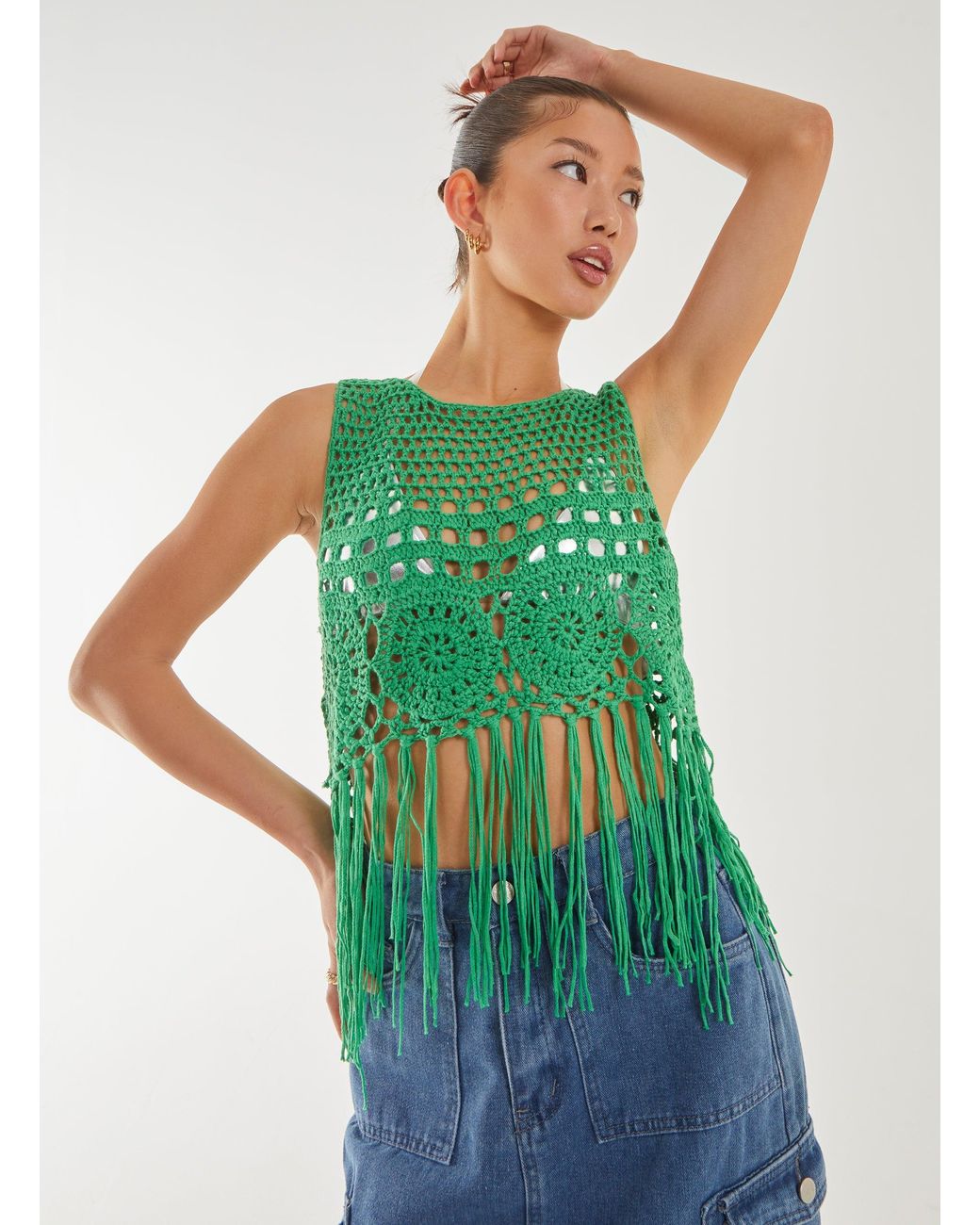 Pink Vanilla Green Tassel Hem Crochet Knit Top