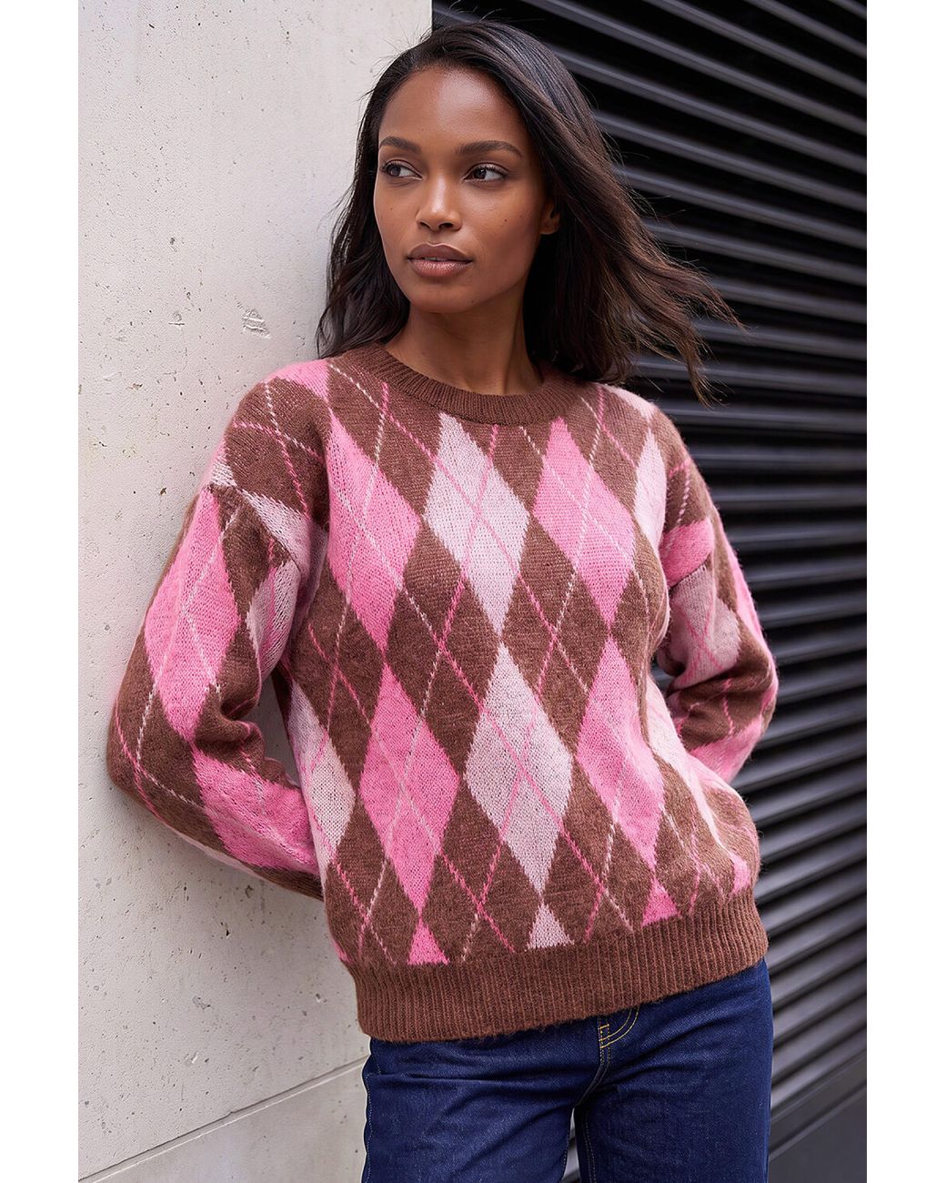 Roman Pink Soft Knit Argyle Jumper