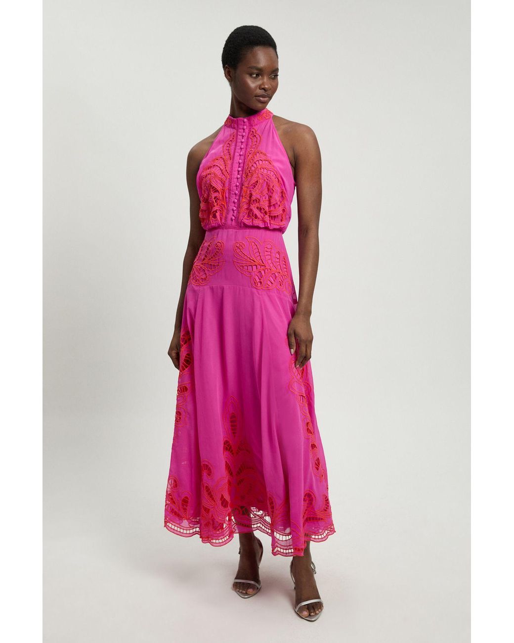 Karen Millen Pink Georgette Placed Cutwork Halter Woven Midi Dress