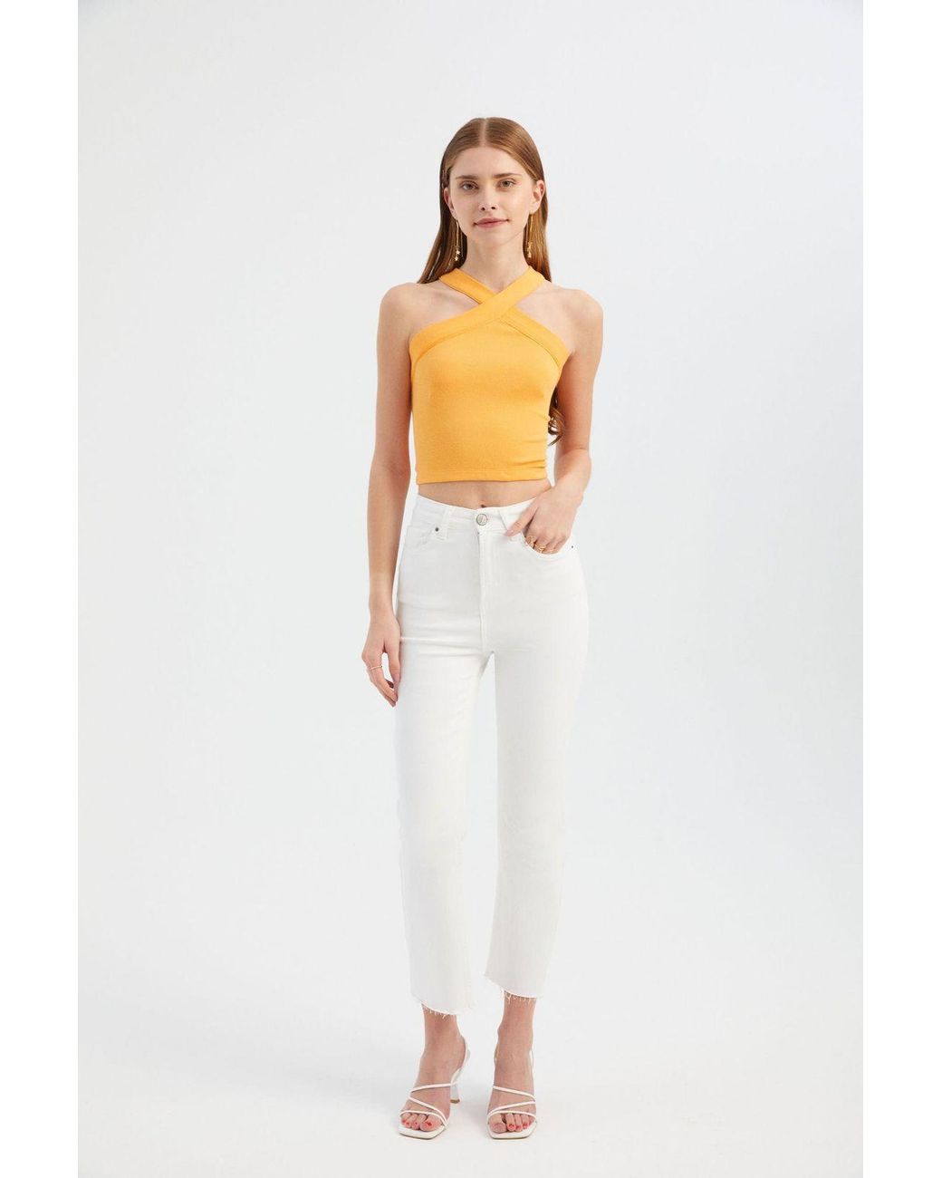 Hiccup White Halter Neck Cross Front Crop Top