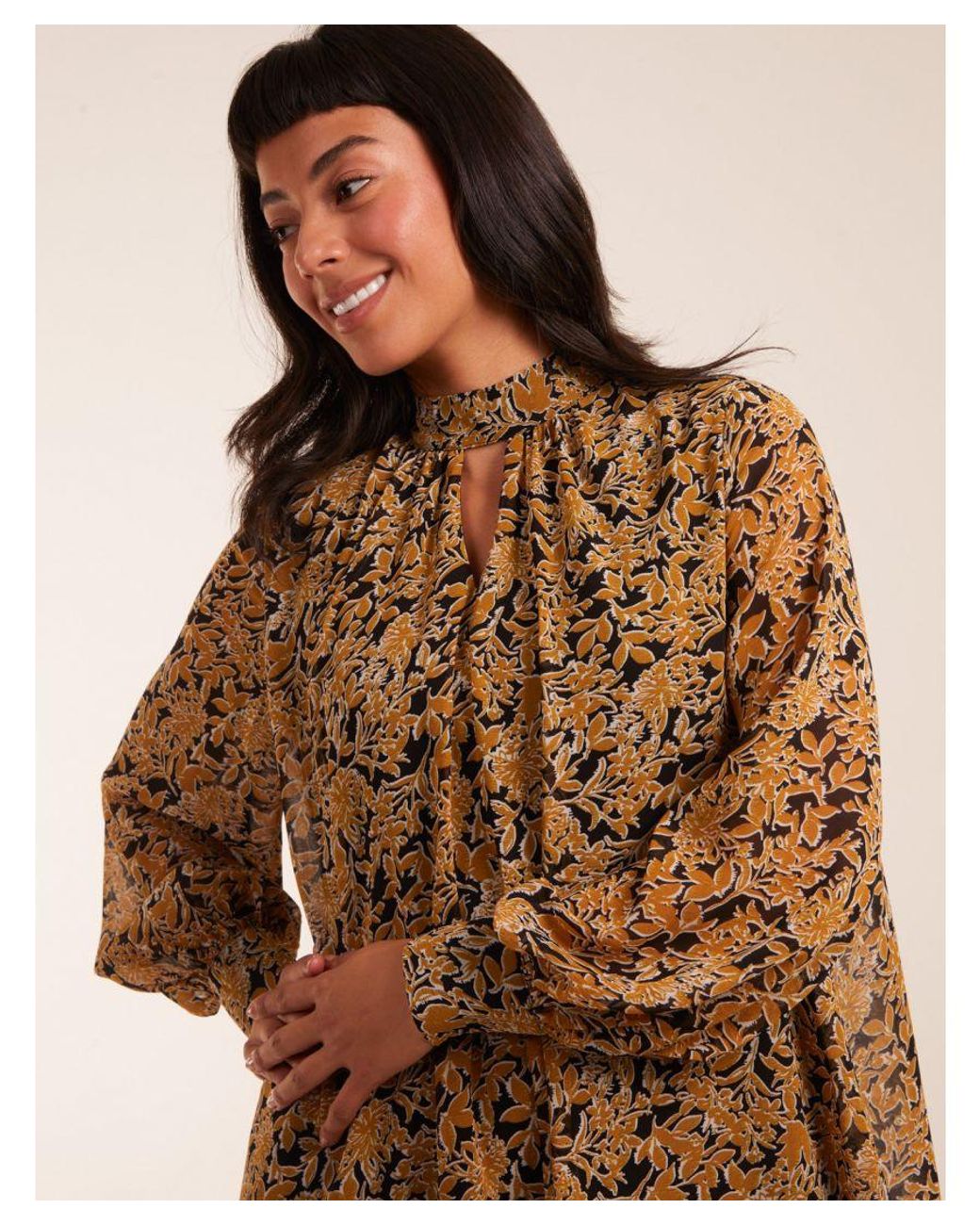 Blue Vanilla Brown Keyhole Long Sleeve Swing Dress