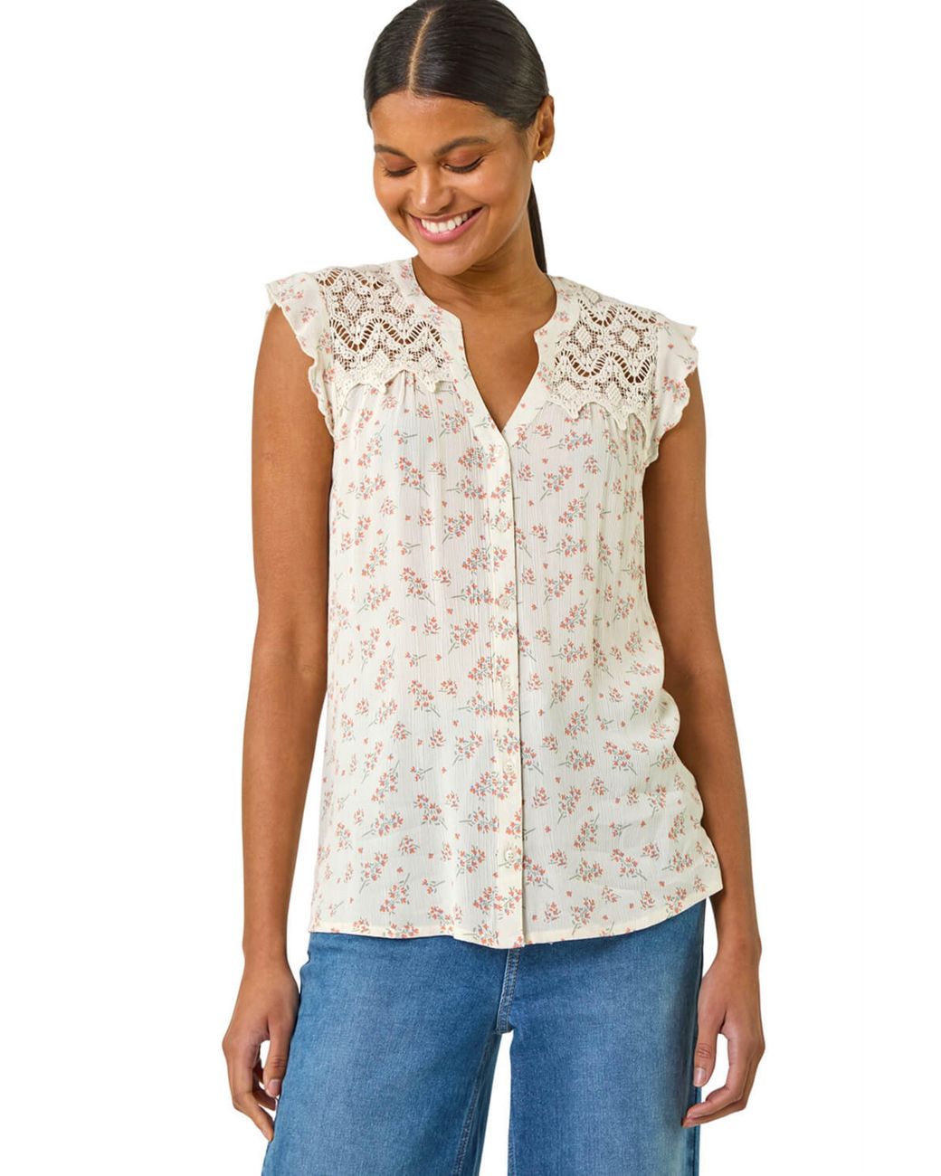 Roman White Floral Print Lace Yoke Blouse