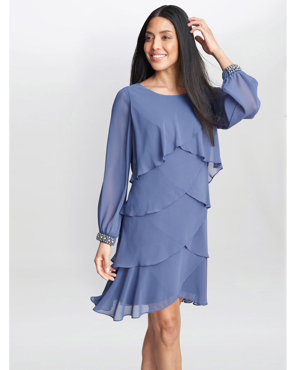 Gina Bacconi Blue Sakura Long Sleeved Tiered Dress With Rhinestone Beading