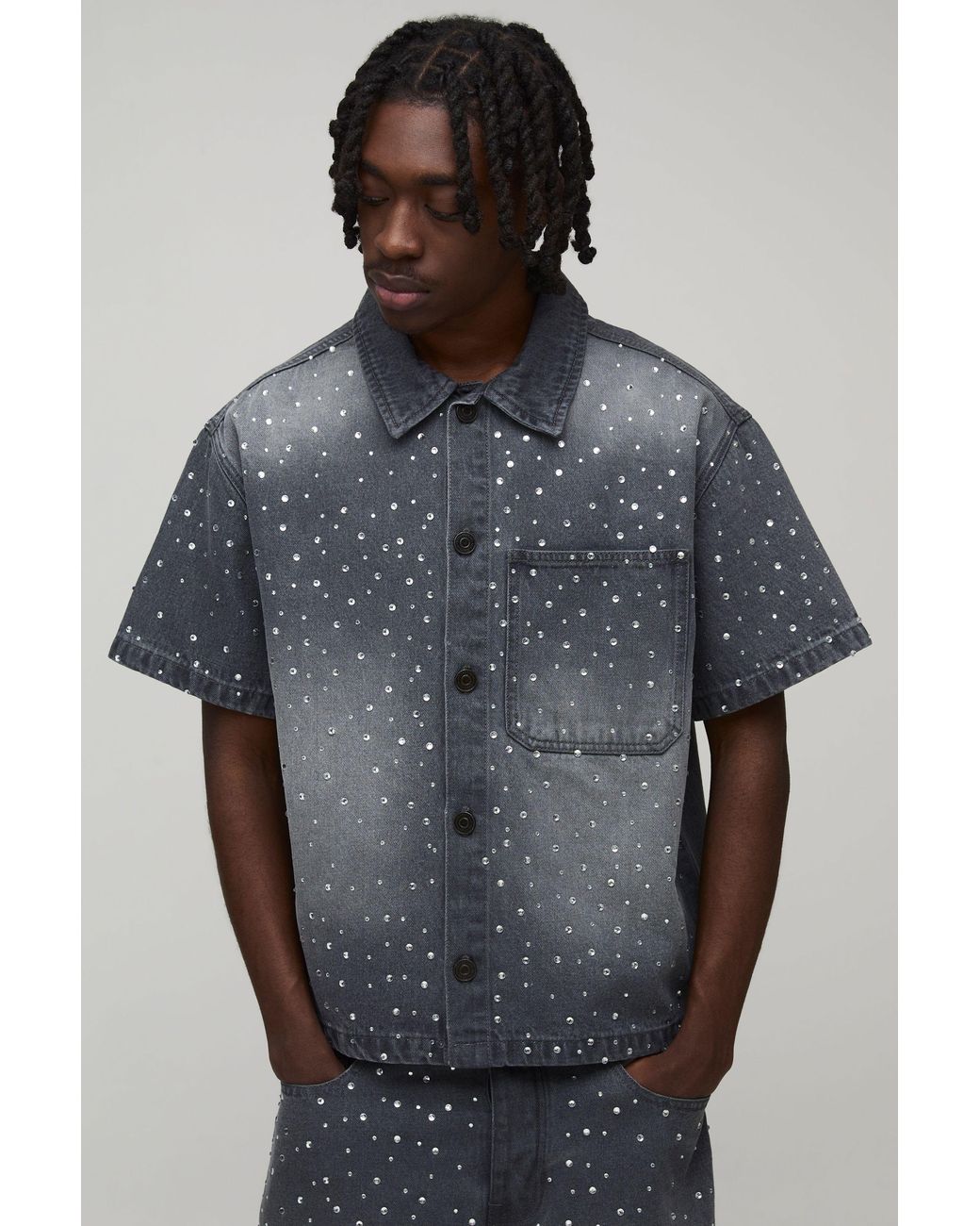 BoohooMAN Gray Washed Rhinestone Boxy Oversized Revere Denim Shirt for men
