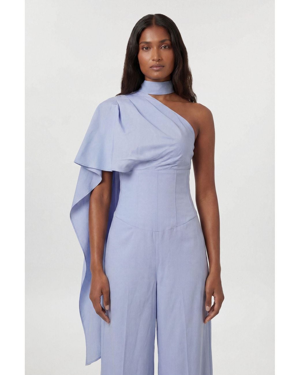 Karen Millen Blue Premium Tailored Linen High Neck One Shoulder Wide Leg Jumpsuit