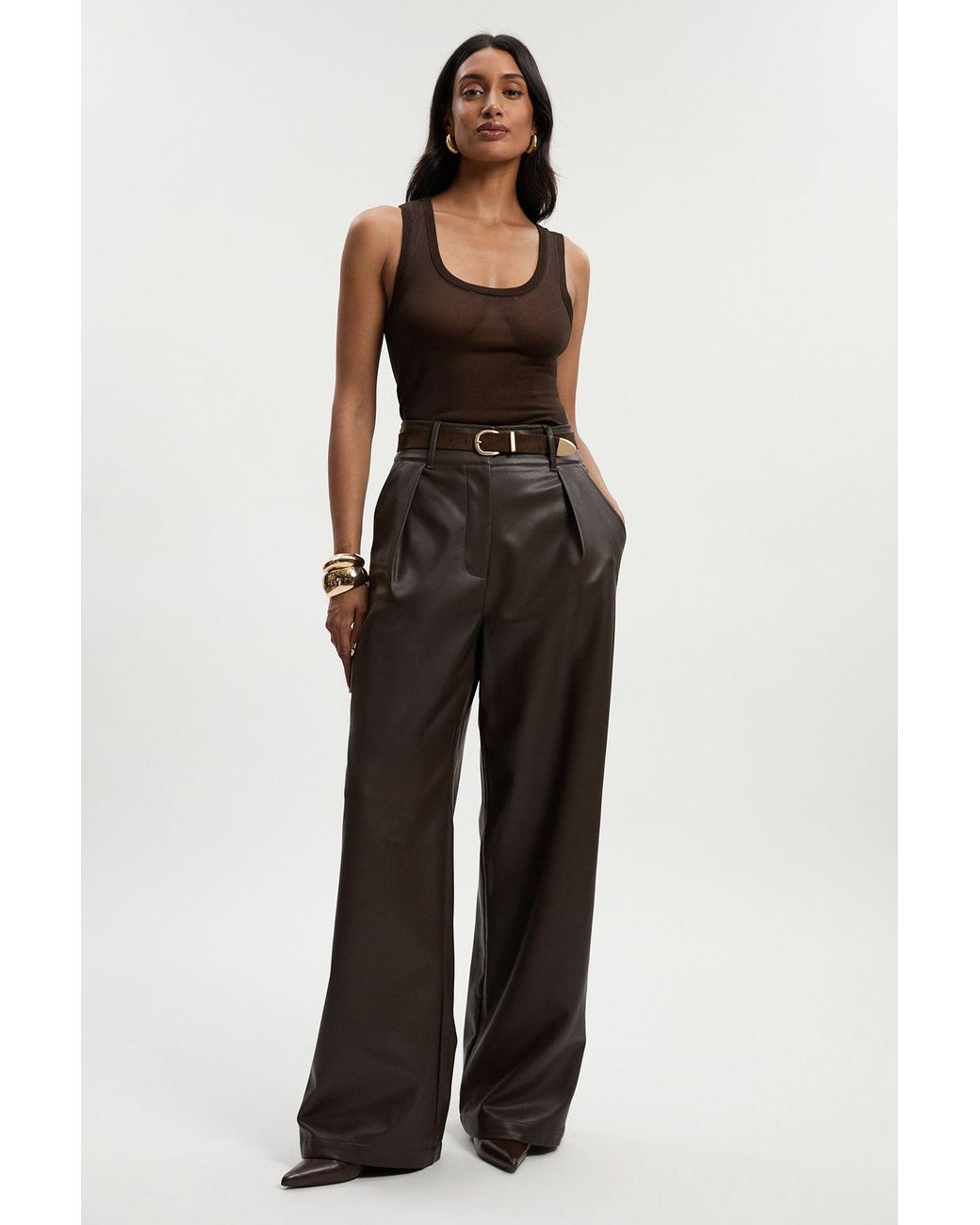 Karen Millen Blue Faux Leather High Waisted Wide Leg Trousers