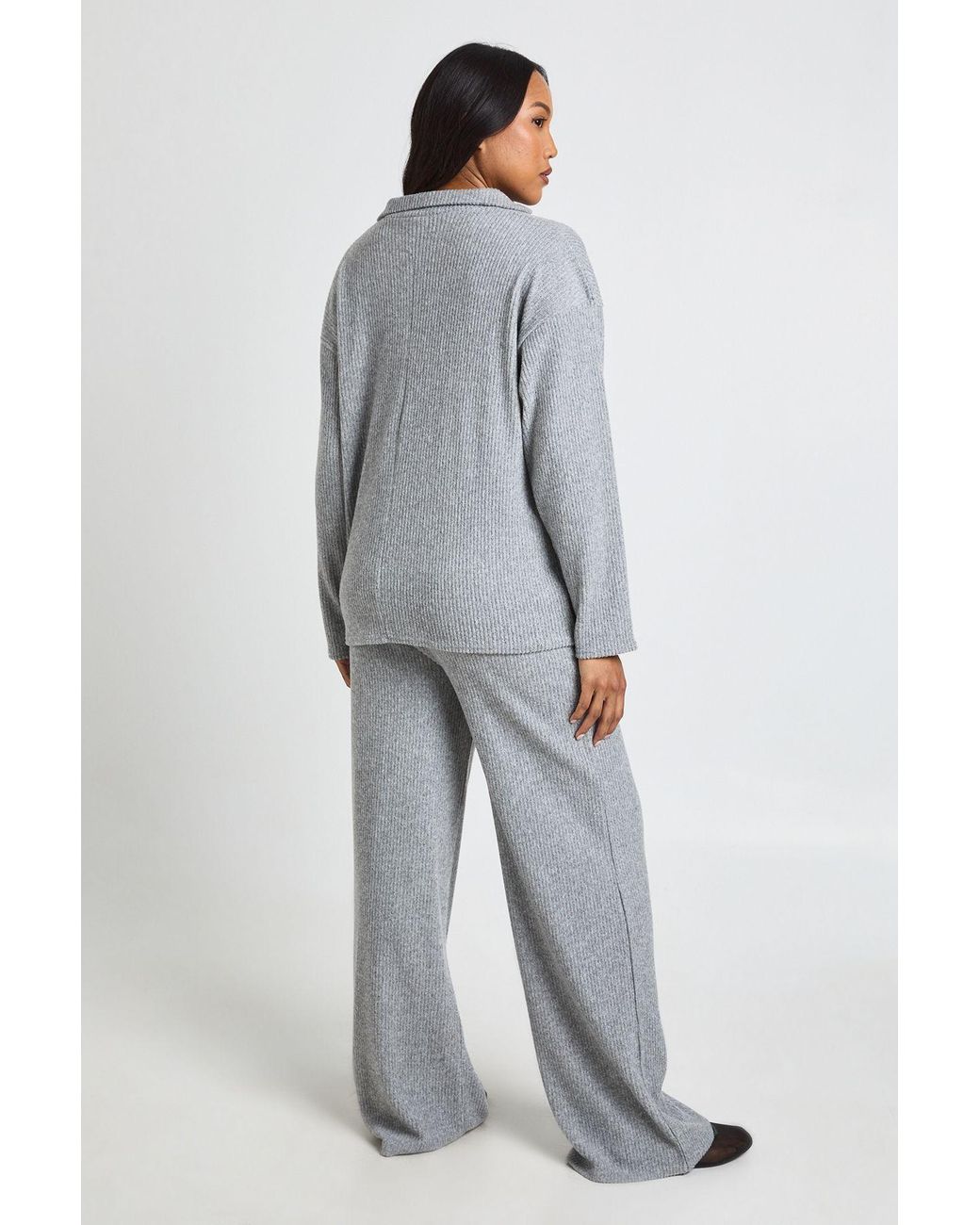 Boohoo Gray Maternity Soft Rib Collared Top & Trouser Lounge Set