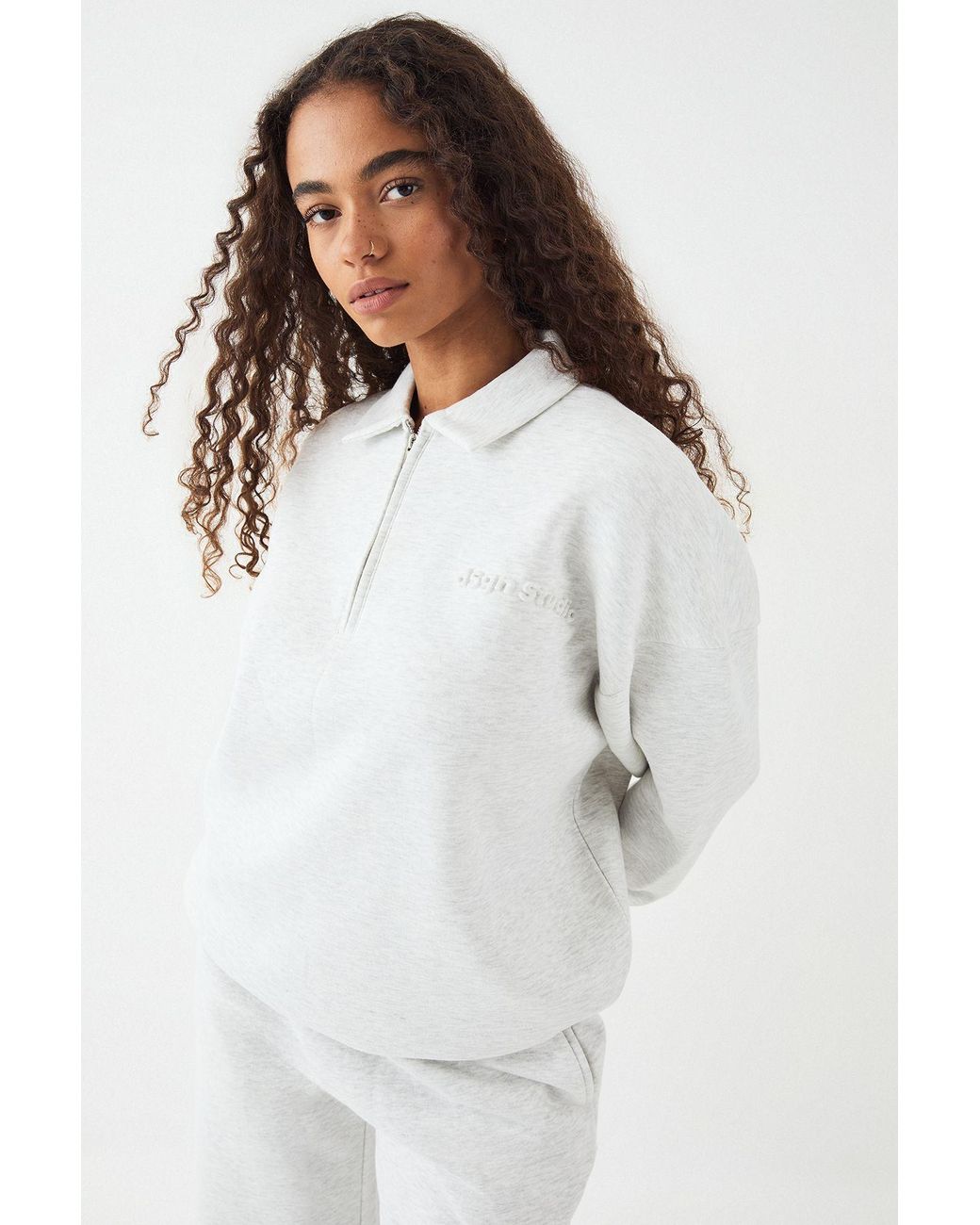 DSGN Studio White Embossed Collared Half Zip Sweatshirt